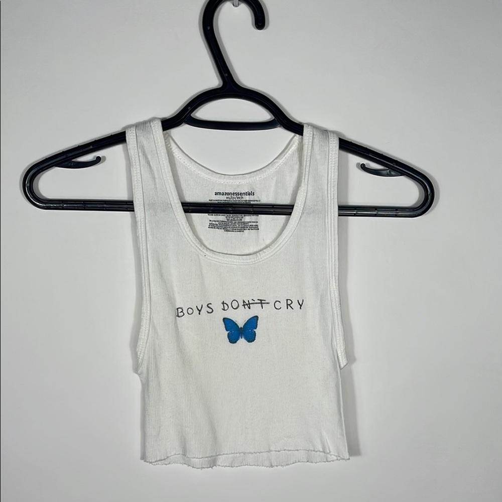 White Tank Top with Blue Butterfly Design